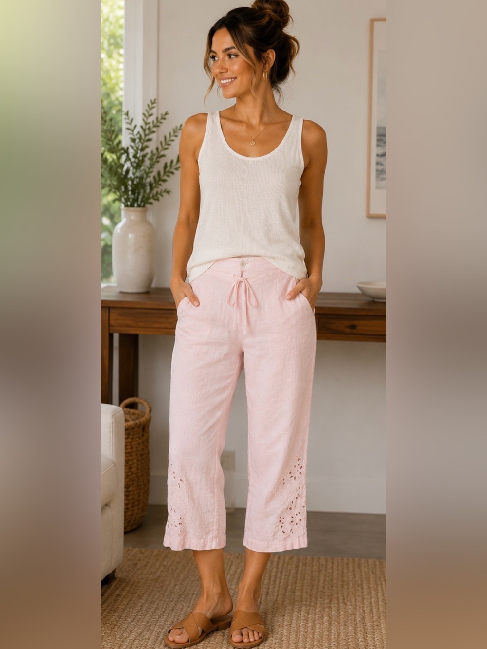669 Lucy Pereda Blush Pink 100% Linen Embroidered Crop Pants Size 8